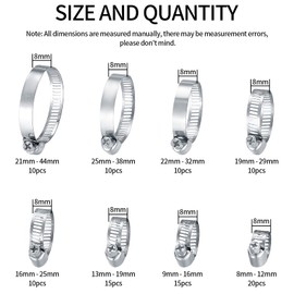 100 Pcs Hose Clips Adjustable 8-44mm Range, Stainless Steel Hose Clamps Assorted Kit, Water Pipes Hose Clamps Clips Assorted with Screwdriver for Water Pipe, Automobile Pipe, Gas Pipe