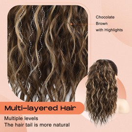 SEIKEA Ponytail Extension, 14" Short Wavy Drawstring Ponytail Multi Layered Fake Pony tails Hair Extensions Clip in Hair Extensions Chocolate Brown with Highlights