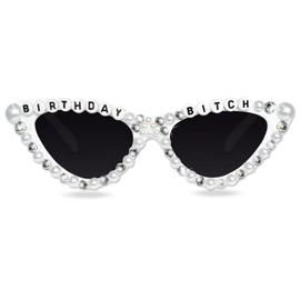 Tbay Geburtstagsbrille für Damen - Weiße Brille mit Strass und Perlen - Glänzendes und originelles Partyzubehör - Lustiges Geburtstags-Geschenk