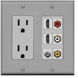 RiteAV - 2 x 15 Amp 125V Power Outlet 3 x RCA - 2 X HDMI and 1 x Coax Cable TV Port Wall Plate Gray