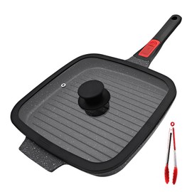 RANX INGST Griddle Pan with Lid, 10 Inch Cast Aluminium Non Stick Grill Pan with Detachable Handle for Induction Hob, Black