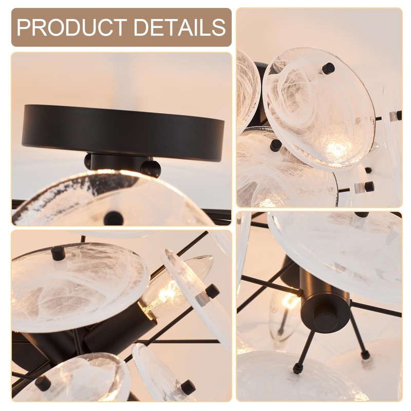 VANZARLA Modern Flush Mount Glass Ceiling Light, Black Hallway Lights