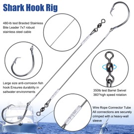 CWSDXM 2 Pack Pre-Tied Shark Fishing Hook Rigs Heavy Duty Stainless Leader Wire and Big Game Circle Hooks 14/0 16/0 18/0 Ideal for Deep Sea Fishing Shark Tuna Halibut (18/0-2 PCS)