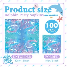100Pcs Dolphin Theme Napkins, 12.9 x 12.9 Inches Dolphin Party Napkins, Dolphin Birthday Decorations Princess Napkins, for DolphinTheme Birthday Baby Shower Party Supplies