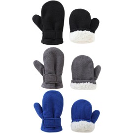 Baby Toddler Mittens Boys Girls Winter Outdoor Gloves Kids Easy-On Fleece Warm Mittens Black Gray Blue 3 pairs L（2-4 years）