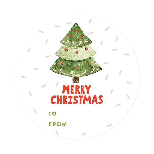 Andaz Press Christmas Round Circle Gift Sticker Labels, Watercolor Green Christmas Tree with Confetti, Merry Christmas to from, 40-Pack, Stationery Packaging Envelope Letter Label