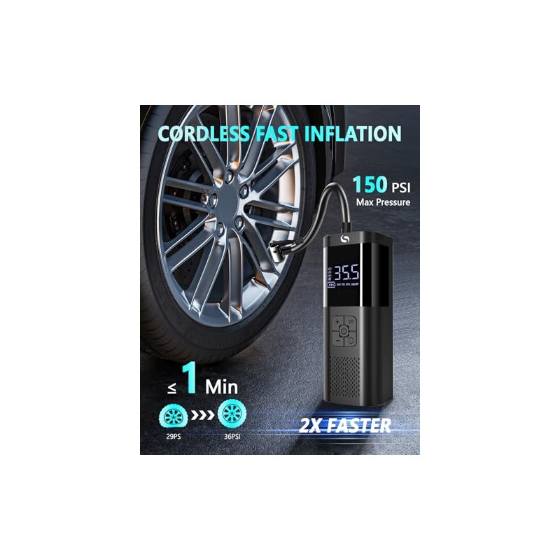 Portable Cordless Tire Inflator with LED Light and Gauge