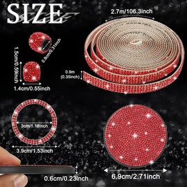 TOMALL 4 Sets Bling Crystal Car Cup Holder Coaster Glitter Engine Start Stop Button Cover Shiny Tire Valve Caps Universal Diamond Trim Strips Interior Exterior Accessories Set for Vehicle (Red)