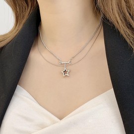 Wendalern Silver Star Necklace Hollow Pentagram Pendant Necklace Layered Ball Bead Chain Necklace Cute Outline Star Y2k Necklace Layering Dog Tag Chain Necklace Jewelry for Women and Girls