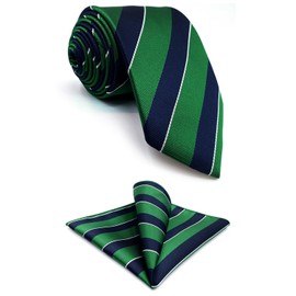 S&W SHLAX&WING Tie Set for Men Blue and Green Striped Mens Necktie with Pocket Square Skinny Slim