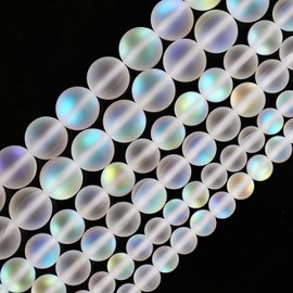 Matte White Aurora Crystal Glass Beads, 6MM Frosted Glitter Shining Mermaid Round Loose Beads, Rainbow Holographic Synthetic Moonstone for Jewelry Making DIY Bracelet