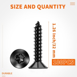 100 PCS #6 x 1-1/4" Flat Head Torx/Star Wood Screws, 18-8 (A2) Stainless Steel, Full Threaded & Black Coated for Durability, T15 Drive Bit Included, No.6 X 1.26 Length Multipurpose Screw by TPOHH