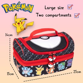 Pokémon Kids School Thermal Insulated Double Decker Lunch Bag Multi Compartment Lunch Bag Food Container for Boys