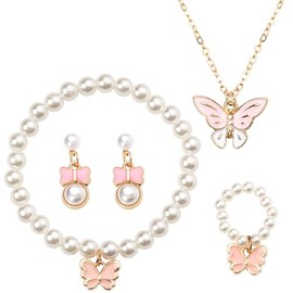 Butterfly Bracelet Ring Necklace Earrings for Women Preal Beaded Rings and Bracelets Set Preals Stud Earring and Necklaces 5 Pcs Pink Butterflies Necklace Earrings Ring Bracelet Kit