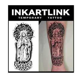 INKARTLINK Tattoo Tech, 2 Sheets Large Semi Permanent Tattoo, Temporary Tattoos, Last 1-2 Weeks, Waterproof, Realistic Look, No Adhesive, No Reflection （Religion Design)162