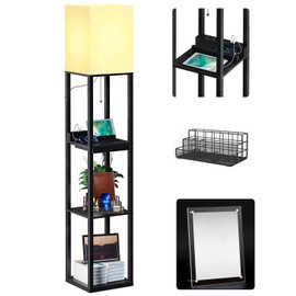 NUNET Floor Lamp w. Shelves Including 2AC Outlets & 2USB Ports 9W LED Light Bulb 3 Color Temperature Soft/Cool/Daylight White w. 1PC Acrylic Photo Frame & 1PC Pen Holder for Living Room/Bedroom