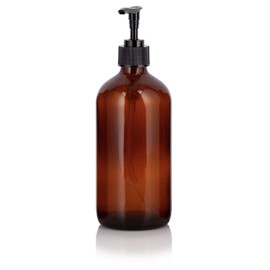 16 oz Amber Glass Boston Round Bottle with Black Lotion Pump
