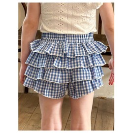 Verdusa Toddler Girl's Cute Gingham Y2K Plaid Ruffle Shorts Summer Tiered Layered Shorts Blue 6 Years