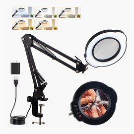 luezoide 12X Magnifying Glass with Light and Clamp, 84 LEDs 5 Color Modes Stepless Dimmable LED Desk Lamp, Real Glass Lens Hands Free Magnifier for Crafts Reading Painting Sewing Repair Close Work