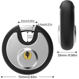 Diyife Round Shackle Lock with 9.5 mm Shackle Thickness, Weatherproof Lock Padlock, Anti-Cut Round Hanging Lock with 2 Keys, 304 Stainless Steel Body - with Black Lid