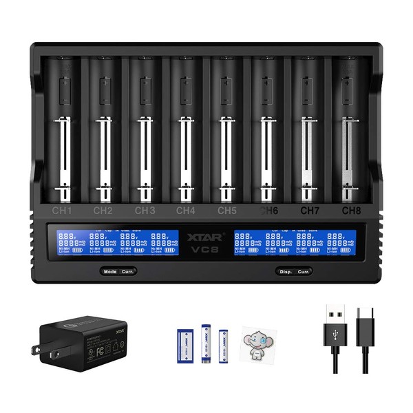 8 Slots 18650 Battery Charger XTAR VC8 Charger USB C 3A Fast Charger 21700 Battery Charger with LCD Display for 3.6V 3.7V Li-ion 10440 18700 26650 1.2V Ni-MH AA AAA C Full Set with QC3.0 Wall Charger