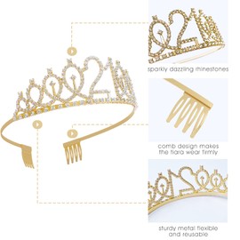 21st Birthday Sash & Rhinestone Tiara Set, 21st Year Old Birthday Gifts for Her Party Supplies Decorations for Women (Glitter Gold)