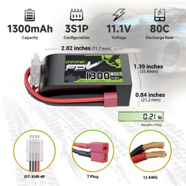 OVONIC 11.1V 80C 1300mAh 3S Lipo Battery with T Plug