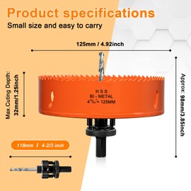 125mm Hole Saw for Wood and Metal, Circular Drill Cutter with Pilot Bit for Alu, Cast Iron, Steel Sheet, Plywood, Plasterboard and Acrylic
