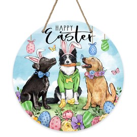 Bolisom Happy Easter Golden Retriever Dog Front Door Sign, Puppy Eggs Bunny Ears Wood Door Hanger Outdoor Porch Decor, Spring Chick Flower Butterfly Wooden Wreath Indoor Wall Hanging Decoration