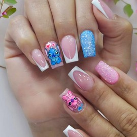 White French Tip Press on Nails Medium Square Red Blue Glitter Fake Nails with Glue Nude Glossy Acrylic Nails Design Cute Blue Monster Stick on Nails for Women DIY kawaii reusable false nails