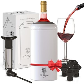 12 Degrés Wine Chiller Set - Perfect Wine Gifts for Women & Men - Stainless Steel Insulated Wine Cooler with Wine Pump, Aerator & 4 Stoppers (White Matte)