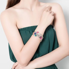 BULINLIN Beaded Silver Bangle Wrap Bracelet for Her, Layered Bohemian Bracelets with Natural Stone, Jewellery Gifts for Women Ladies(Colorful)