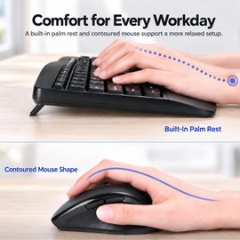 Wireless Keyboard and Mouse Combo, 2.4G Ergonomic Wave Keys, Black