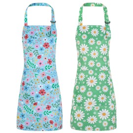 XLSXEXCL 2 Pack Kids Apron, Cute Floral Aprons, kids Aprons for Cooking Waterproof Art Apron with Pockets, Toddler Painting Artist Apron Adjustable for Boys and Girls for Painting Cooking Baking