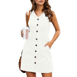 LookbookStore Summer Dresses for Women - Casual, Size L, Size 12 14 - Brilliant White - Denim - Sleeveless - V-Neck - Mini - Women's - Dress