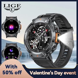 LIGE Large Disc Steel Band Outdoor Sports Watch Wireless Call Flashlight Waterproof Wearable multiple sport wireless answer smart - Color: Black Steel Belt With Silicone Belt