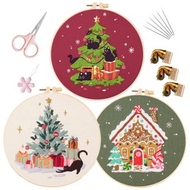 WEENEO Christmas Tree Embroidery Kit for Beginners Adults Black Cat Cross Stitch Kits Funny Hand Embroidery with Xmas Pattern and Embroidery Hoop,Threads and Needles,3 Embroidery Set DIY Kits