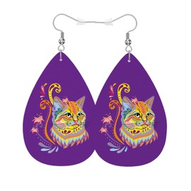 Vosach Fluffy Cat Faux Leather Earrings Abstract Colorful Kitten Cat Pet Portrait Teardrop Leather Dangle Earrings Women Earrings For Wedding Bridal