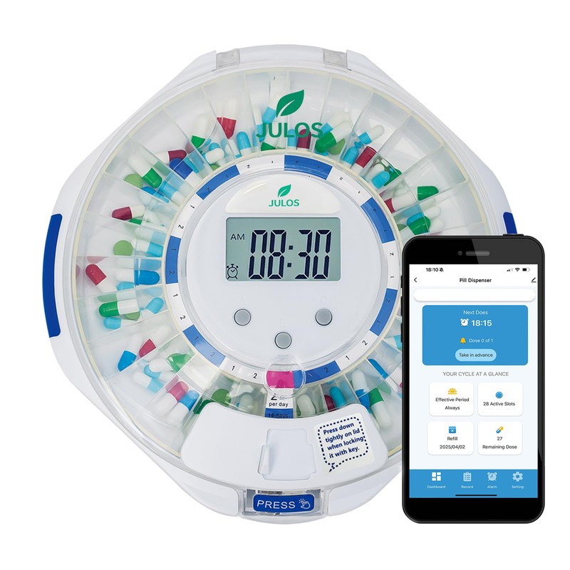 JULOS Bluetooth Automatic Pill Dispenser with Sound/Light/App Alerts for Seniors,
