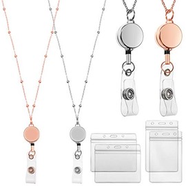 2 Pieces Badge Lanyard with ID Holders Stainless Steel Badge Necklace Retractable Reel Clip Chain Water Resistant Name Badge Holders for Girl Women (Rose Gold, Silver)
