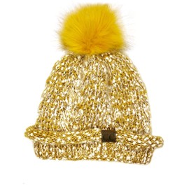 C.C Faux Fuzzy Fur Pom Thick Popcorn Knit Eyelash Confetti Skull Cap Cuff Beanie, Mustard