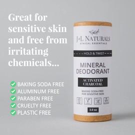J&L Naturals Mineral Deodorant | Baking Soda-Free, 100% Natural, Sustainable Skin Care | Sensitive Deodorant For Women & Men | Aluminum Free, Vegan, Cruelty-Free (Activated Charcoal, 3 Oz (Pack of 1))