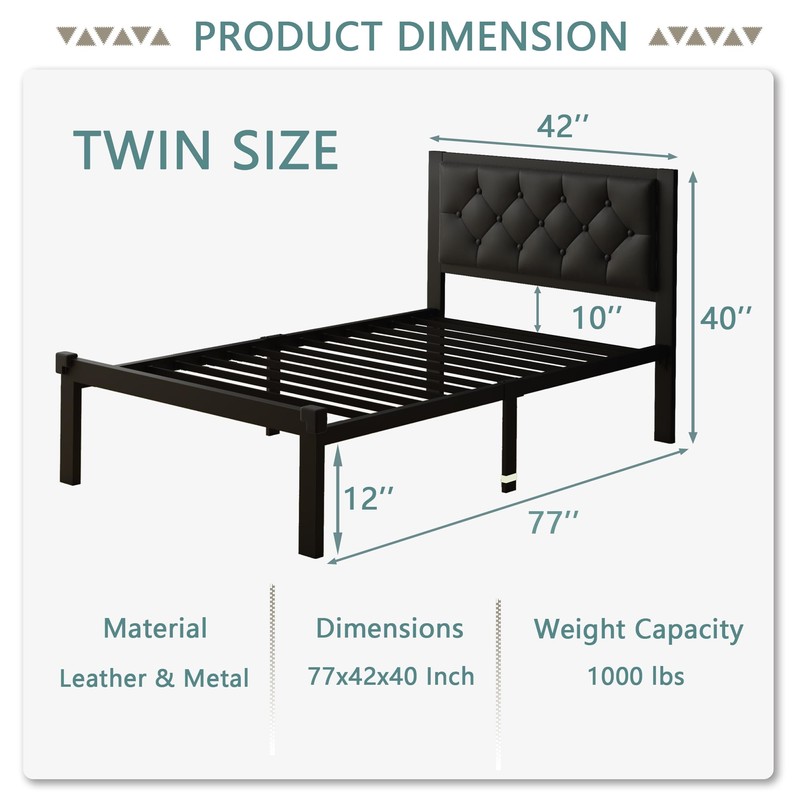 Feonase Twin Size Metal Bed Frame with Faux Leather Button