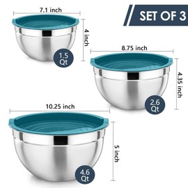 Mixing Bowls Set of 3, P&P CHEF Stainless Steel Nesting Bowl and Blue Lids for Salad &Leftovers, Ideal Tool for Storing & Prepping, Size 4.6/3 / 1.5 QT