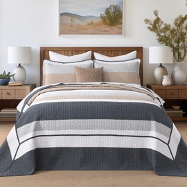 SahSahCasa 120"x120" 100% Cotton Oversized California King Bedspread Coverlet Striped Quilt Set, Cal King Quilted Bedspread Extra Large Quilt, XL Bed Spread Lightweight Comforter, Dark Slate Gray