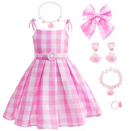 uivic Pink Costume for Girls, Doll Movie Cosplay Outfit Pink White Gingham Dress for Kids Party Birthday Dress Up (Pink1 with accessories, 9Years-10Years)