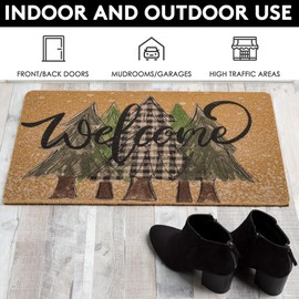 UTOWO Winter Xmas Welcome-Doormat Non-Slip Front-Door-Mats - Plaid Pine-Tree Snow Entrance Mat Porch Home Christmas Decor 17x30