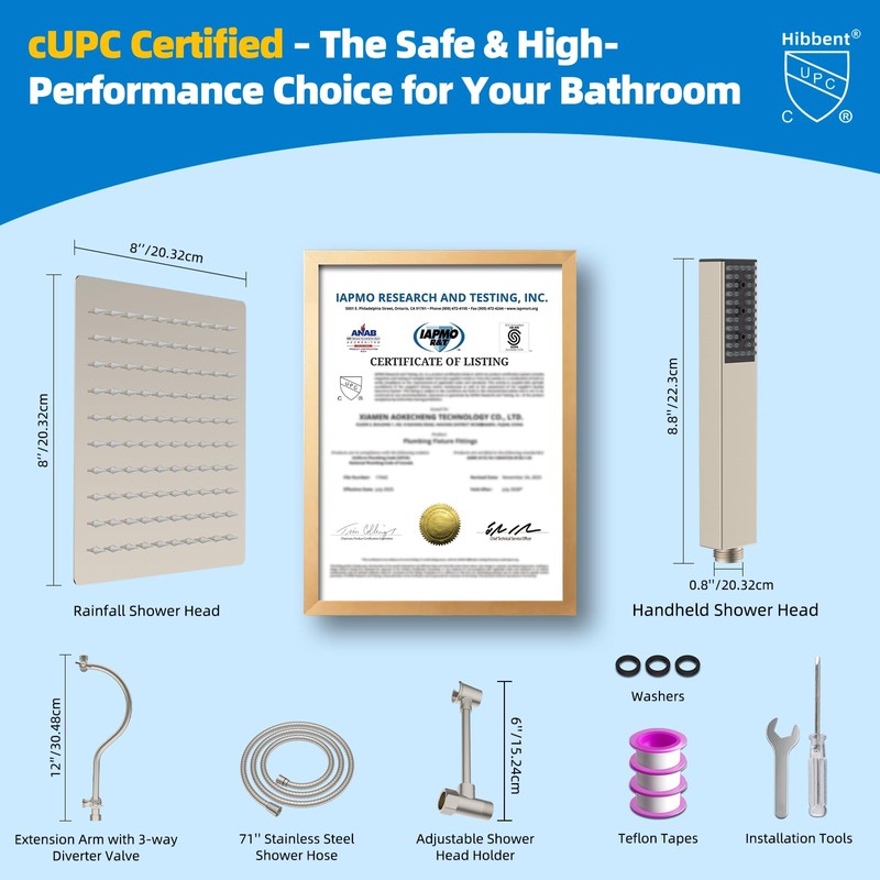 Hibbent All Metal cUPC Certified Shower Head, 8'' High Pressure