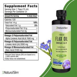 NaturalSlim Flax Oil - Flaxseed Liquid Supplement with Omega 3 6 9 - Cold-Pressed Certified Organic Flax Seed for Hair, Skin, Nails, Healthy Cells & Vegetable Oil for Cooking - 16 fl. Oz.