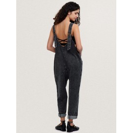 EXLURA Womens High Roller Denim Bib Jumpsuits Casual Loose Sleeveless Baggy Overalls Jeans Pants Jumpers with Pockets